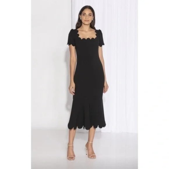 Anthropologie Shoshanna Mirandela Scallop-Edge Midnight Stretch Crepe Midi Dress - Picture 4 of 15